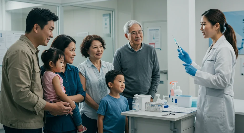 Família e idoso recebendo orientação sobre vacinas pneumocócicas na clínica, ajudando a escolher a proteção ideal contra pneumonia e meningite.
